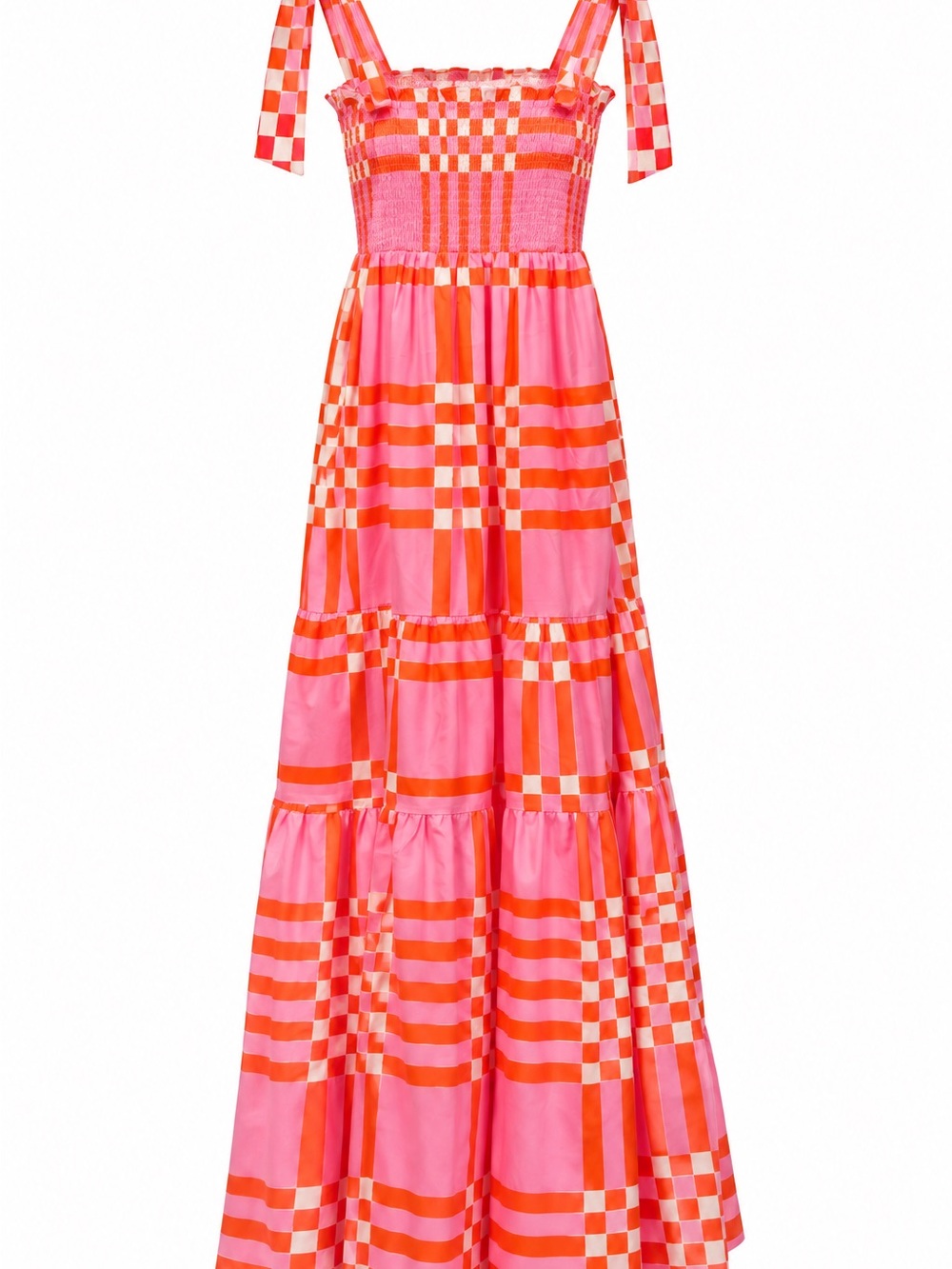 Pink & Orange Checker Tiered Maxi Dress